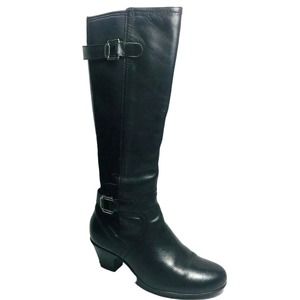 Earth Rider Tall Stretch Black Leather Zip Up Moto Boots, Womens 7B